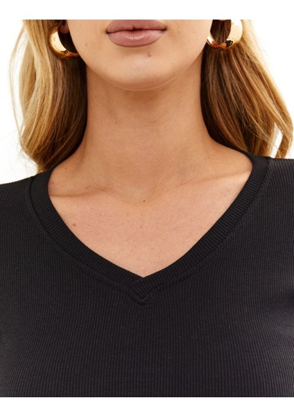 Pamuklu Kaşkorse V Yaka Body Sweatshirt, Fitilli Kumaş Likralı Bluz, Siyah Badi fırsatları