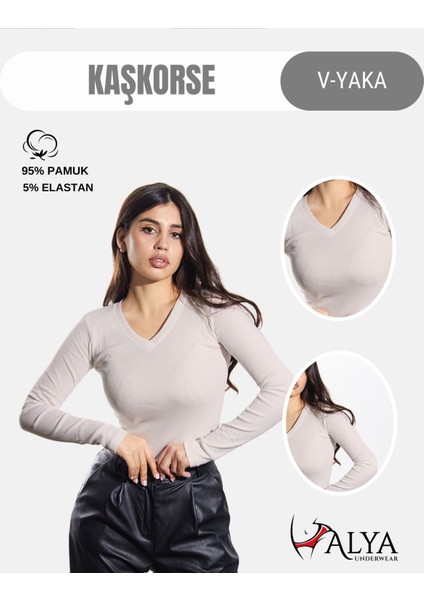 Kaşkorse V Yaka Body Sweatshirt, Fitilli Kumaş Bluz, Likralı, Bej (Kemik) Günlük Badi