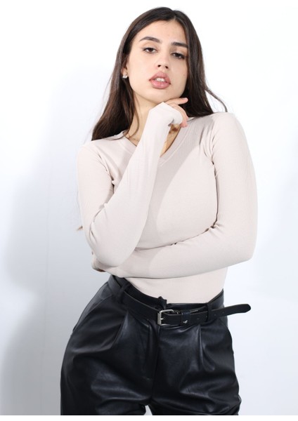 Kaşkorse V Yaka Body Sweatshirt, Fitilli Kumaş Bluz, Likralı, Bej (Kemik) Günlük Badi fiyatları