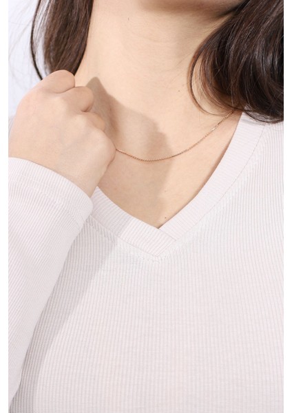 Kaşkorse V Yaka Body Sweatshirt, Fitilli Kumaş Bluz, Likralı, Bej (Kemik) Günlük Badi modelleri