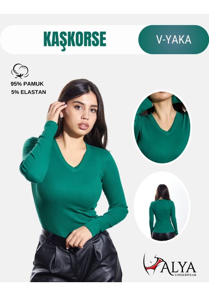 Pamuklu Kaşkorse V Yaka Body Sweatshirt, Fitilli Kumaş Likralı Bluz, Çimen Yeşili Badi