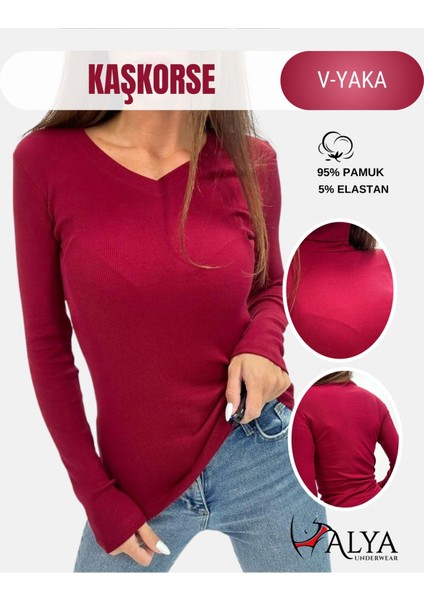 Kaşkorse V Yaka Body Sweatshirt, Fitilli Kumaş, Likralı, Bordo