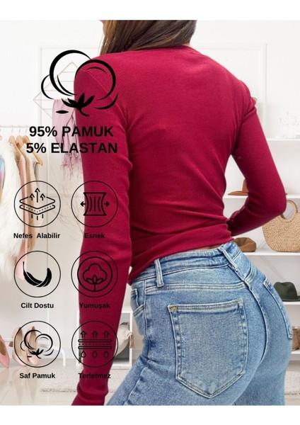 Kaşkorse V Yaka Body Sweatshirt, Fitilli Kumaş, Likralı, Bordo modelleri