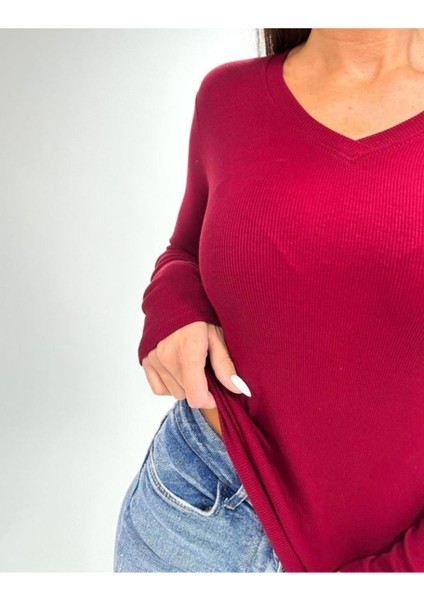 Kaşkorse V Yaka Body Sweatshirt, Fitilli Kumaş, Likralı, Bordo fırsatları