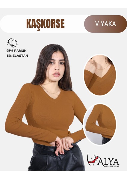 Kaşkorse V Yaka Body Sweatshirt, Fitilli Kumaş, Esnek Bluz, Kahverengi Badi