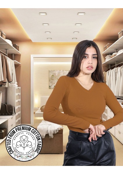 Kaşkorse V Yaka Body Sweatshirt, Fitilli Kumaş, Esnek Bluz, Kahverengi Badi fiyatları