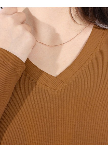 Kaşkorse V Yaka Body Sweatshirt, Fitilli Kumaş, Esnek Bluz, Kahverengi Badi fırsatları