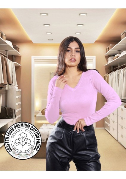 Kaşkorse V Yaka Body Sweatshirt, Fitilli Kumaş Bluz Likralı, Lila Badi fiyatları