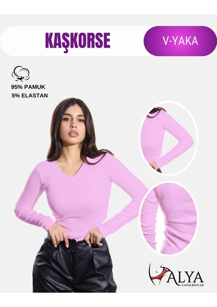 Kaşkorse V Yaka Body Sweatshirt, Fitilli Kumaş Bluz Likralı, Lila Badi