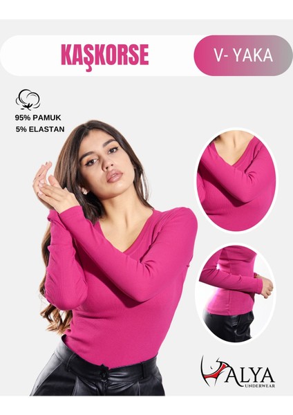 Kaşkorse V Yaka Body Sweatshirt, Fitilli Kumaş, Likralı, Fuşya Melanj