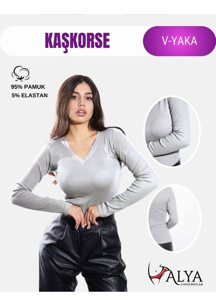 Kaşkorse V Yaka Body Sweatshirt, Fitilli Kumaş, Likralı, Gri Melanj