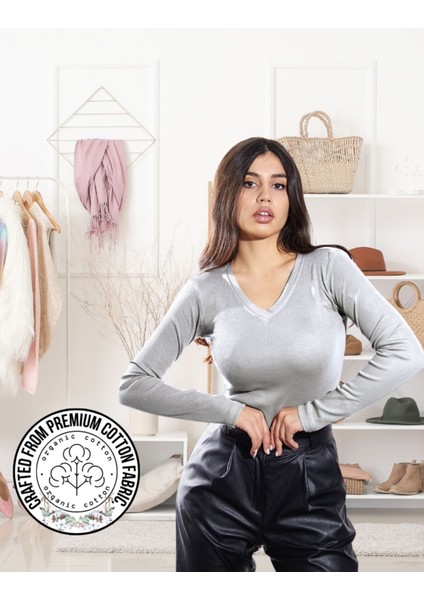 Kaşkorse V Yaka Body Sweatshirt, Fitilli Kumaş, Likralı, Gri Melanj fiyatları