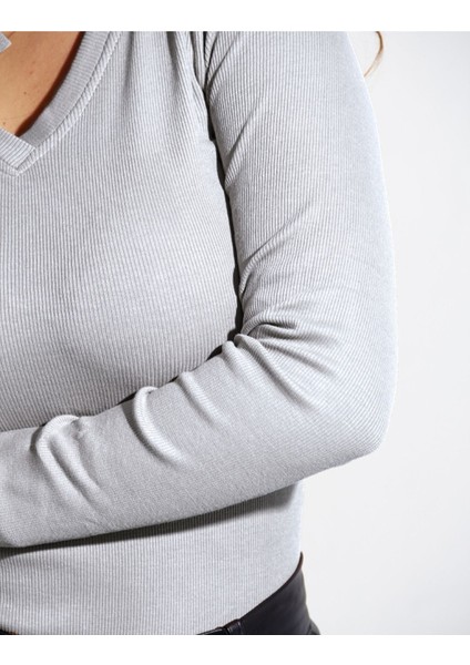 Kaşkorse V Yaka Body Sweatshirt, Fitilli Kumaş, Likralı, Gri Melanj fırsatları
