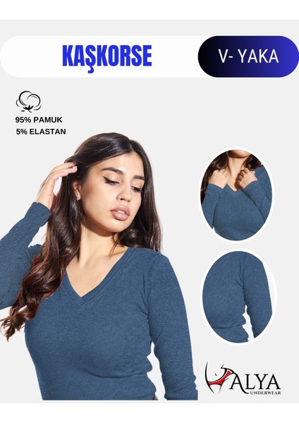 Kaşkorse V Yaka Body Sweatshirt, Fitilli Kumaş Likralı Bluz Indigo Melanj Badi