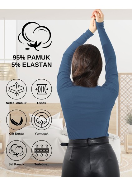Kaşkorse V Yaka Body Sweatshirt, Fitilli Kumaş Likralı Bluz Indigo Melanj Badi modelleri