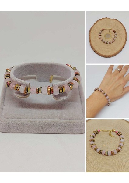Pembe Kuvars Taşı Tasarım Bileklik (55890)