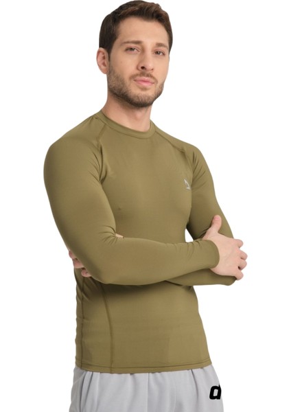 Erkek Uzun Kol Haki Rahat Fit Compression Spor Body Tshirt