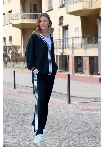 Şerit Detaylı Kapüşonlu Büyük Beden Takım Siyah