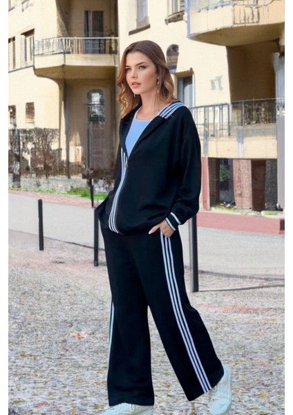 Şerit Detaylı Kapüşonlu Büyük Beden Takım Siyah modelleri