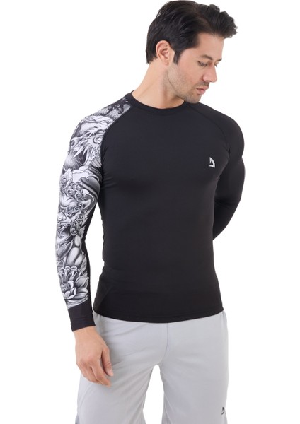 Erkek Uzun Kollu Siyah Tek Kol Beyaz Desenli Compression Fitness Body Gym Body Spor Tshirt DMN66778 indirimleri