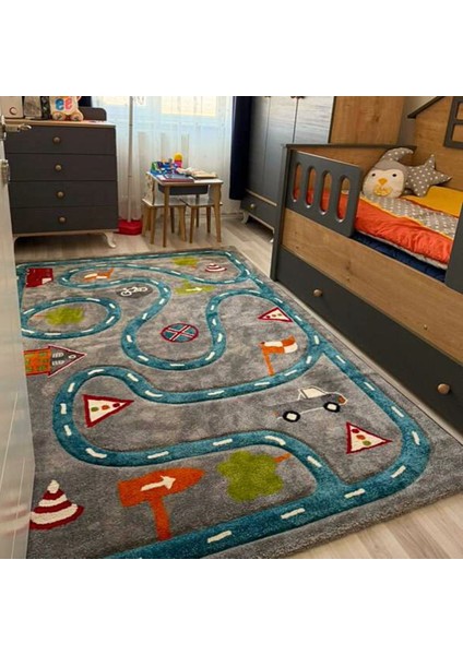 Cool Kids 19 Gri Mavi Çocuk Halısı Hav Vermez Yumuşak Dokulu Araba Yolu Bebek Odası Halısı
