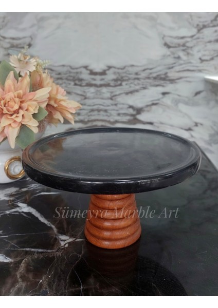 Ahşap Ayaklı Siyah Mermer Tepsi - 25 cm