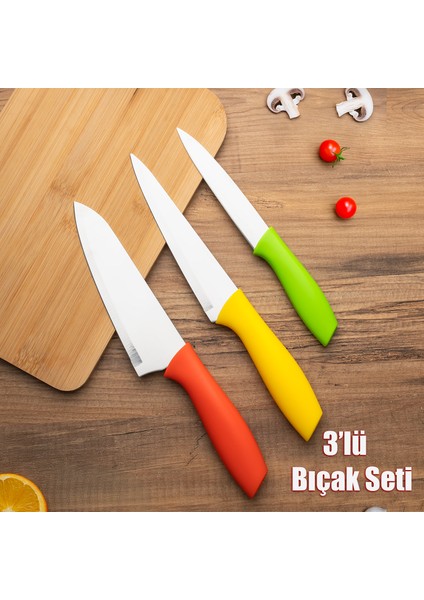 3'lü Bıçak Seti Meyve, Et Doğrama Bıçağı Şef Bıçakları Kaliteli Sağlam Bıçaklar 28 x 27.5 x 22 Sarı-Turuncu-Yeşil