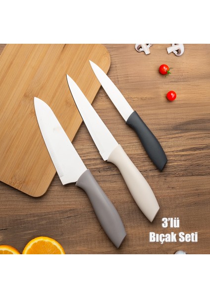 3'lü Bıçak Seti Meyve, Et Doğrama Bıçağı Şef Bıçakları Kaliteli Sağlam Bıçaklar 28 x 27.5 x 22 Kapiçino-Antrasit-Krem