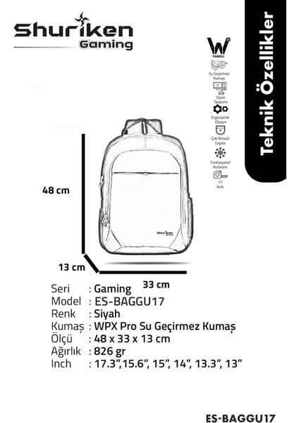 Gaming Travel 17 Inç Sırt Çantası - Wpx Pro Su Geçirmez Kumaş / Siyah ES-BAGGU17 indirimleri