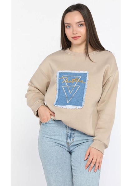 Kadın Bisiklet Yaka Üç İplik Şardonlu Sweatshirt P-00014198
