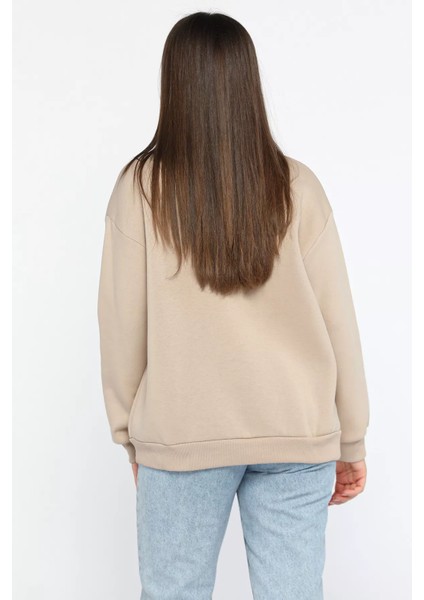Kadın Bisiklet Yaka Üç İplik Şardonlu Sweatshirt P-00014198