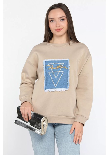 Kadın Bisiklet Yaka Üç İplik Şardonlu Sweatshirt P-00014198