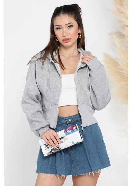 Kadın Fermuarlı Crop Top Sweatshirt