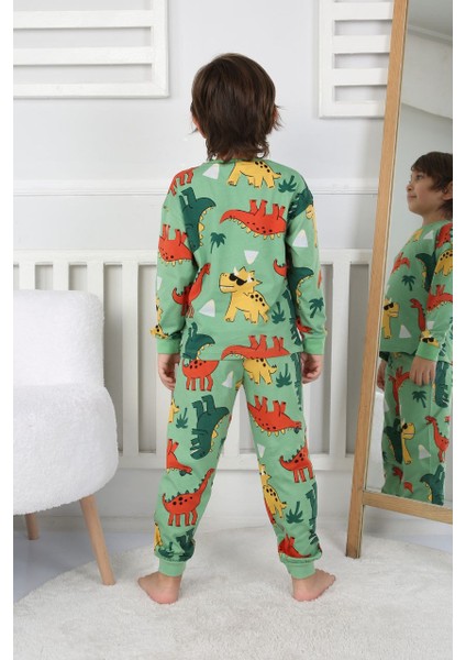 %100 Pamuk Dinozor Desenli Uzun Kollu Erkek Çocuk Pijama Takımı 3,4,5,6,7,8 Yaş