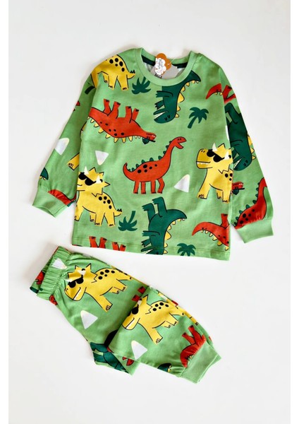 %100 Pamuk Dinozor Desenli Uzun Kollu Erkek Çocuk Pijama Takımı 3,4,5,6,7,8 Yaş