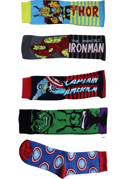 5'li Marvel Süper Kahramanlar Desenli Renkli Çorap Seti