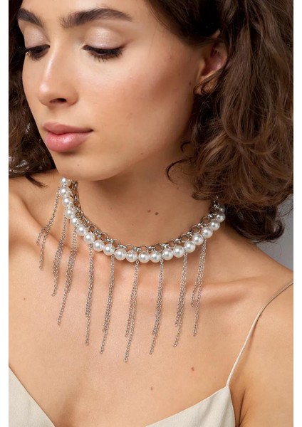 Gümüş Saçağı ve Zincir Kombini İnci Choker Kolye