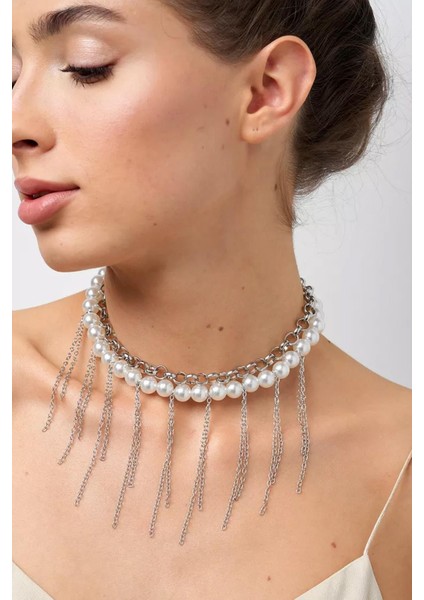 Gümüş Saçağı ve Zincir Kombini İnci Choker Kolye