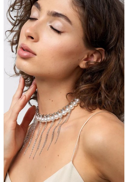 Gümüş Saçağı ve Zincir Kombini İnci Choker Kolye