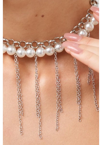 Gümüş Saçağı ve Zincir Kombini İnci Choker Kolye