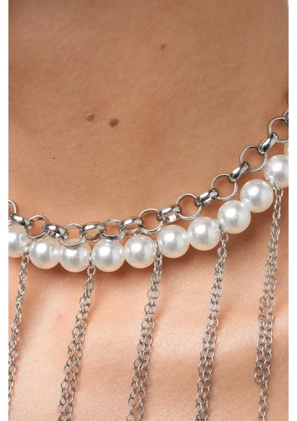 Gümüş Saçağı ve Zincir Kombini İnci Choker Kolye