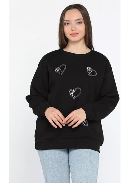 Kadın Bisiklet Yaka Üç Iplik Şardonlu Taş Işlemeli Sweatshirt