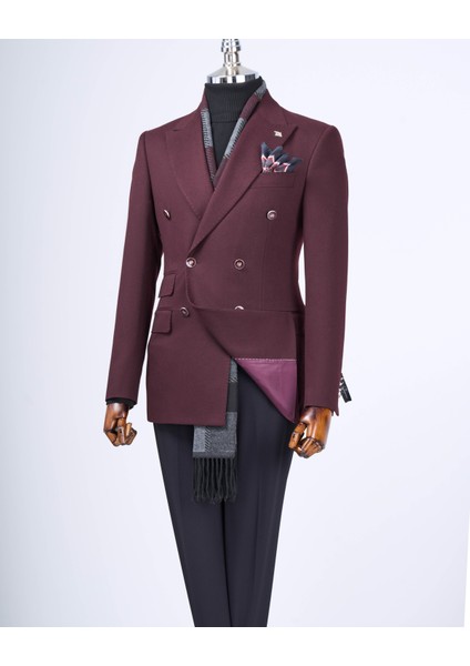 Italyan Stil Slim Fit Kruvaze Sivri Yaka Erkek Ceket Bordo T13293