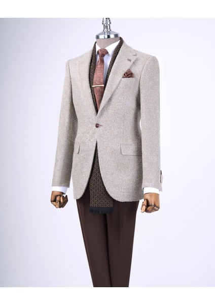 Italyan Stil Slim Fit Mono Yaka Erkek Tek Ceket Bej T13541