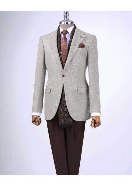 Italyan Stil Slim Fit Mono Yaka Erkek Tek Ceket Bej T13541