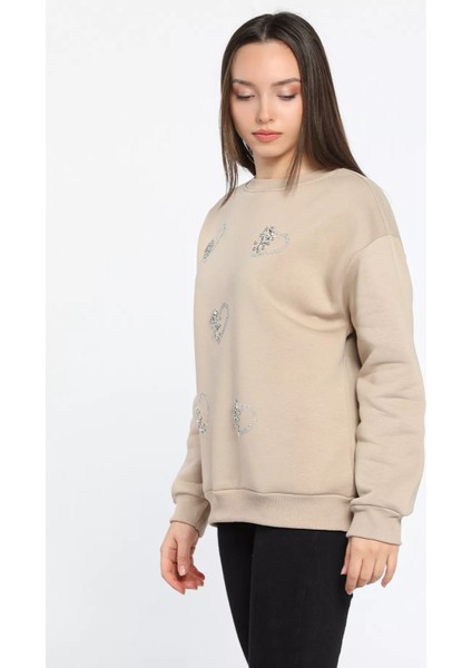 Kadın Bisiklet Yaka Üç Iplik Şardonlu Taş Işlemeli Sweatshirt