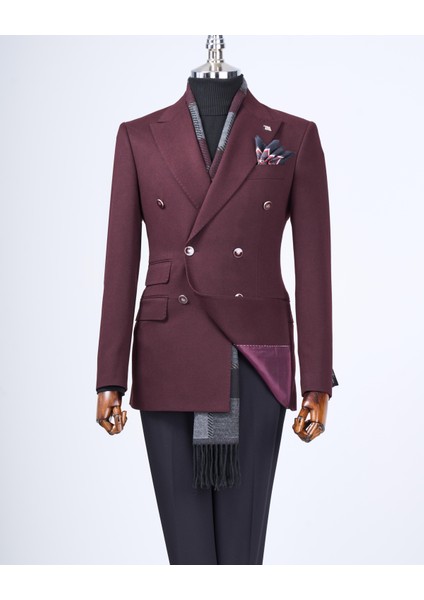 Italyan Stil Slim Fit Kruvaze Sivri Yaka Erkek Ceket Bordo T13293