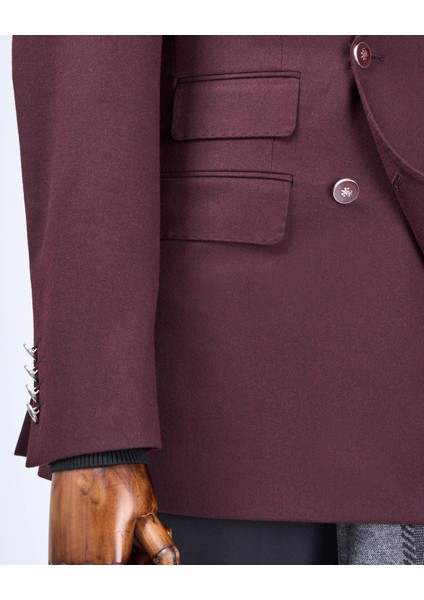 Italyan Stil Slim Fit Kruvaze Sivri Yaka Erkek Ceket Bordo T13293