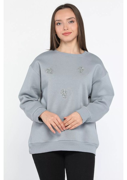 Kadın Bisiklet Yaka Üç Iplik Şardonlu Taş Işlemeli Sweatshirt