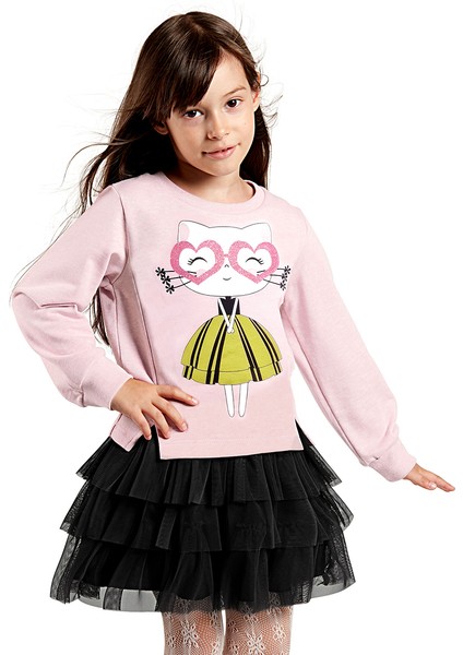 Kalp Gözlük Kız Çocuk Tüllü Sweatshirt Etek Takım